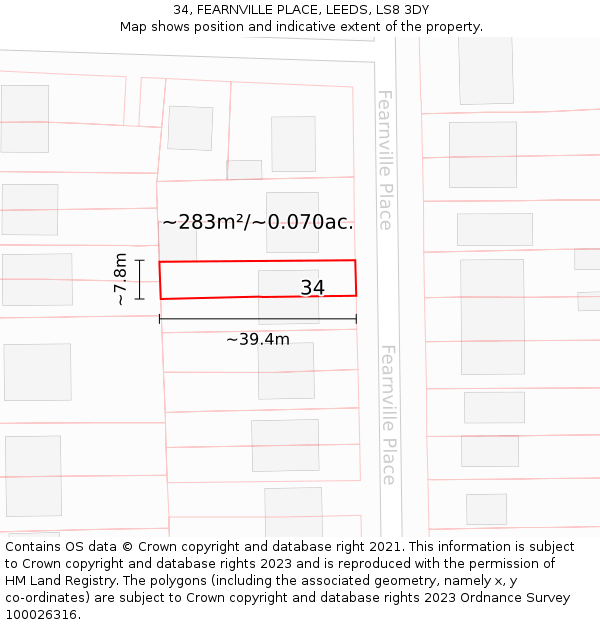 34, FEARNVILLE PLACE, LEEDS, LS8 3DY: Plot and title map