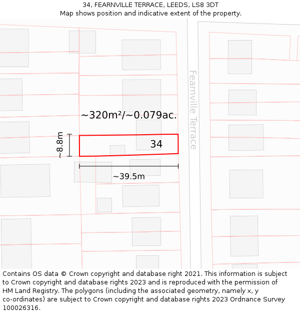 34, FEARNVILLE TERRACE, LEEDS, LS8 3DT: Plot and title map