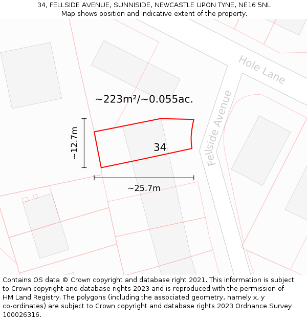 34, FELLSIDE AVENUE, SUNNISIDE, NEWCASTLE UPON TYNE, NE16 5NL: Plot and title map