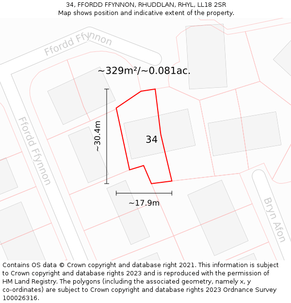 34, FFORDD FFYNNON, RHUDDLAN, RHYL, LL18 2SR: Plot and title map