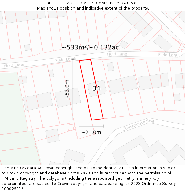 34, FIELD LANE, FRIMLEY, CAMBERLEY, GU16 8JU: Plot and title map