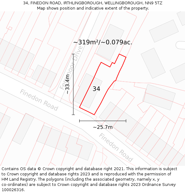 34, FINEDON ROAD, IRTHLINGBOROUGH, WELLINGBOROUGH, NN9 5TZ: Plot and title map