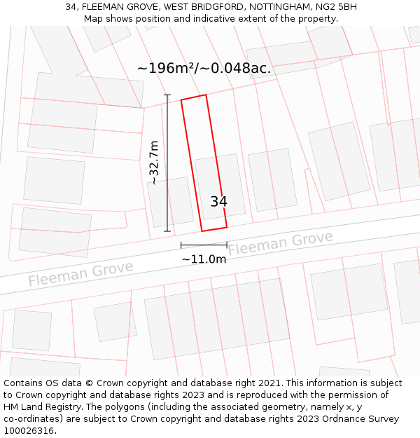 34, FLEEMAN GROVE, WEST BRIDGFORD, NOTTINGHAM, NG2 5BH: Plot and title map