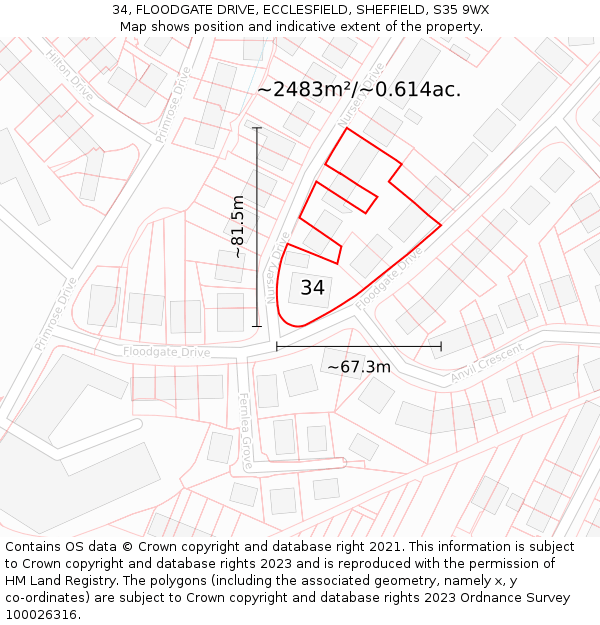 34, FLOODGATE DRIVE, ECCLESFIELD, SHEFFIELD, S35 9WX: Plot and title map