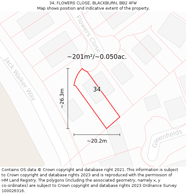 34, FLOWERS CLOSE, BLACKBURN, BB2 4FW: Plot and title map