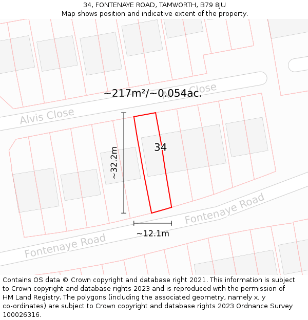 34, FONTENAYE ROAD, TAMWORTH, B79 8JU: Plot and title map