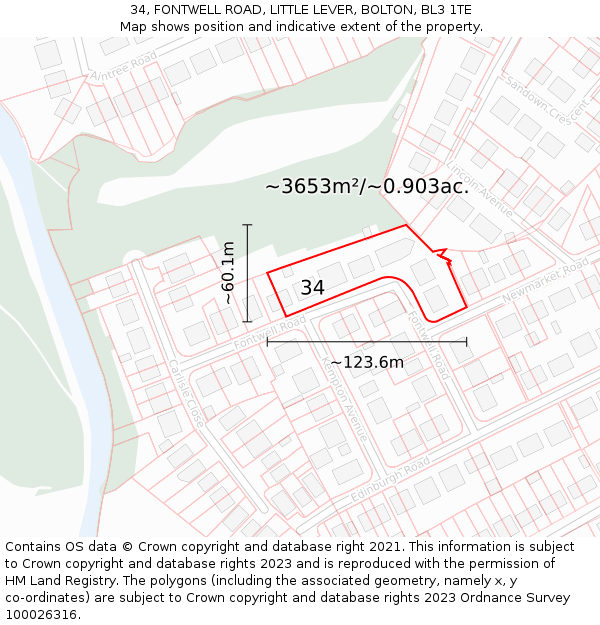34, FONTWELL ROAD, LITTLE LEVER, BOLTON, BL3 1TE: Plot and title map