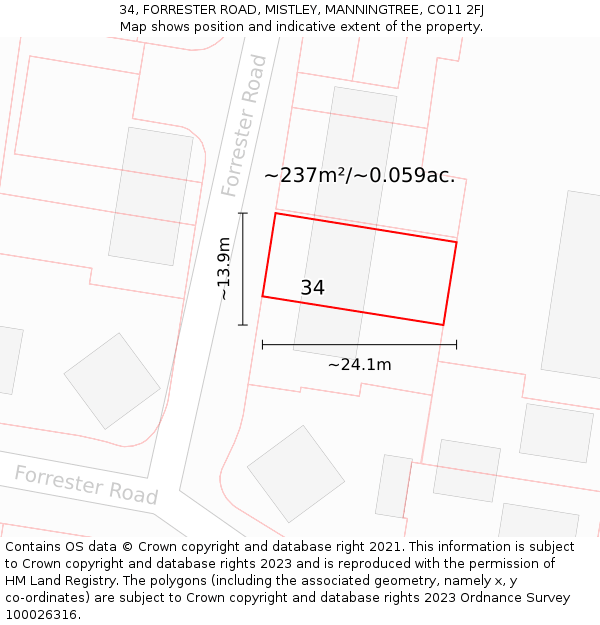 34, FORRESTER ROAD, MISTLEY, MANNINGTREE, CO11 2FJ: Plot and title map