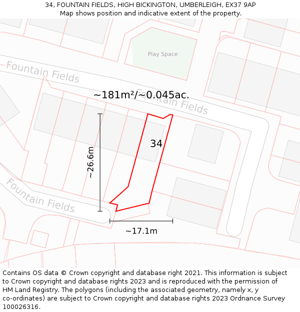 34, FOUNTAIN FIELDS, HIGH BICKINGTON, UMBERLEIGH, EX37 9AP: Plot and title map