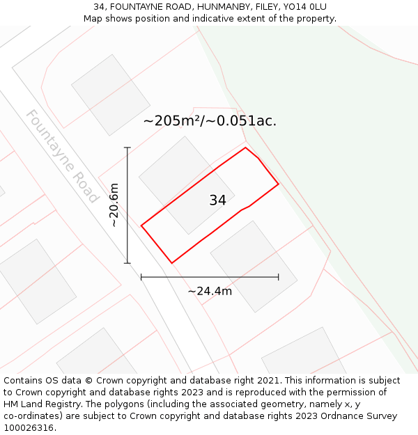 34, FOUNTAYNE ROAD, HUNMANBY, FILEY, YO14 0LU: Plot and title map