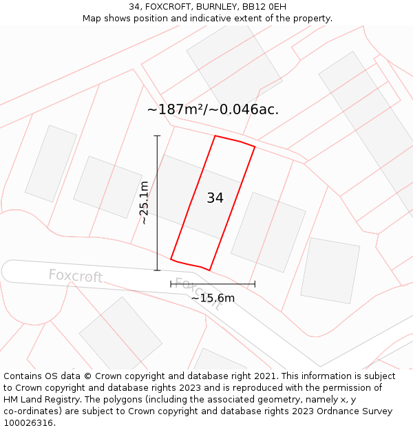 34, FOXCROFT, BURNLEY, BB12 0EH: Plot and title map