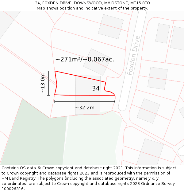 34, FOXDEN DRIVE, DOWNSWOOD, MAIDSTONE, ME15 8TQ: Plot and title map