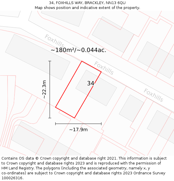 34, FOXHILLS WAY, BRACKLEY, NN13 6QU: Plot and title map