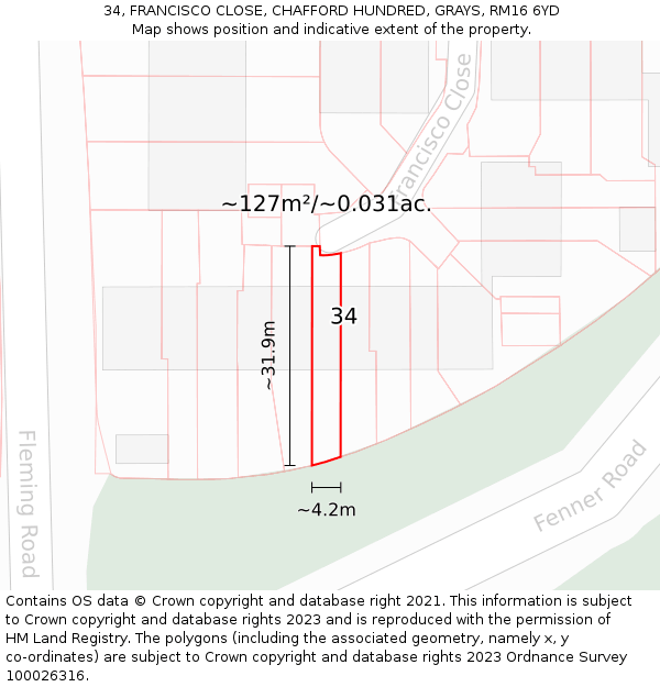 34, FRANCISCO CLOSE, CHAFFORD HUNDRED, GRAYS, RM16 6YD: Plot and title map