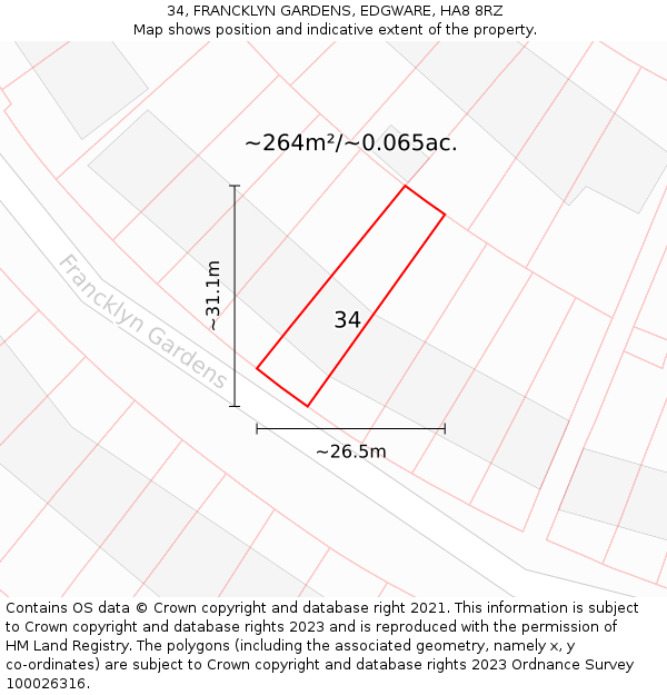 34, FRANCKLYN GARDENS, EDGWARE, HA8 8RZ: Plot and title map