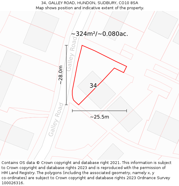 34, GALLEY ROAD, HUNDON, SUDBURY, CO10 8SA: Plot and title map