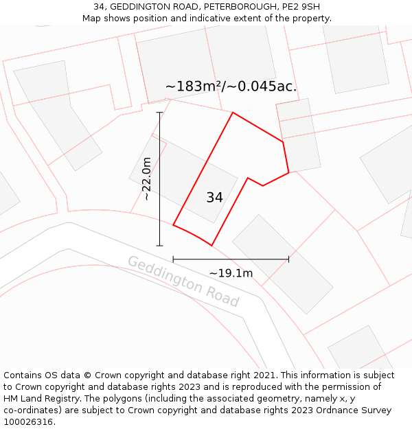 34, GEDDINGTON ROAD, PETERBOROUGH, PE2 9SH: Plot and title map