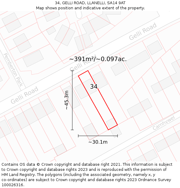 34, GELLI ROAD, LLANELLI, SA14 9AT: Plot and title map