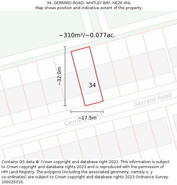 34, GERRARD ROAD, WHITLEY BAY, NE26 4NL: Plot and title map