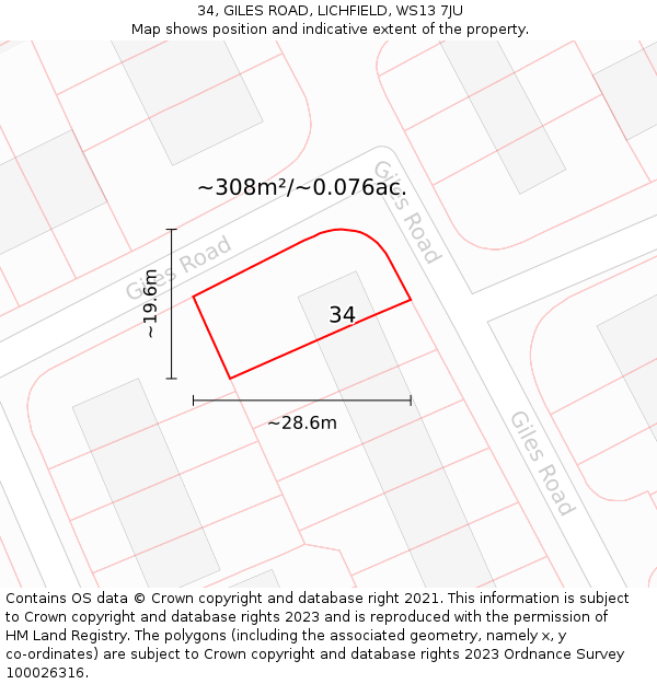 34, GILES ROAD, LICHFIELD, WS13 7JU: Plot and title map