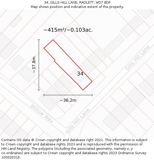 34, GILLS HILL LANE, RADLETT, WD7 8DF: Plot and title map