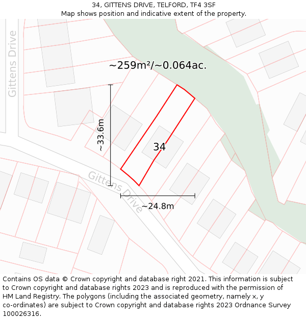 34, GITTENS DRIVE, TELFORD, TF4 3SF: Plot and title map