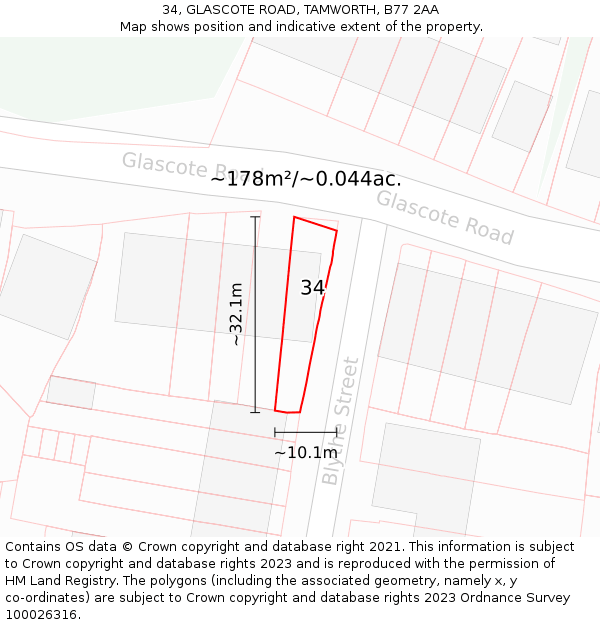 34, GLASCOTE ROAD, TAMWORTH, B77 2AA: Plot and title map