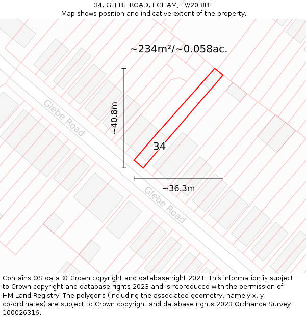 34, GLEBE ROAD, EGHAM, TW20 8BT: Plot and title map