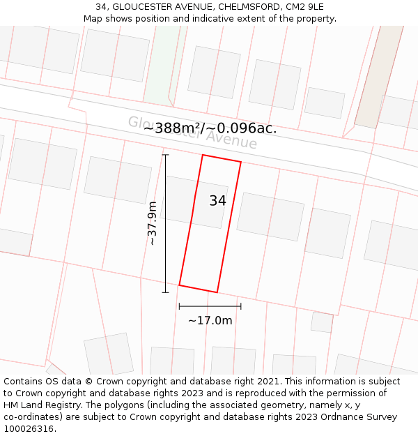 34, GLOUCESTER AVENUE, CHELMSFORD, CM2 9LE: Plot and title map