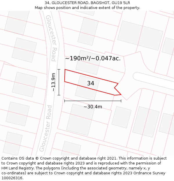 34, GLOUCESTER ROAD, BAGSHOT, GU19 5LR: Plot and title map