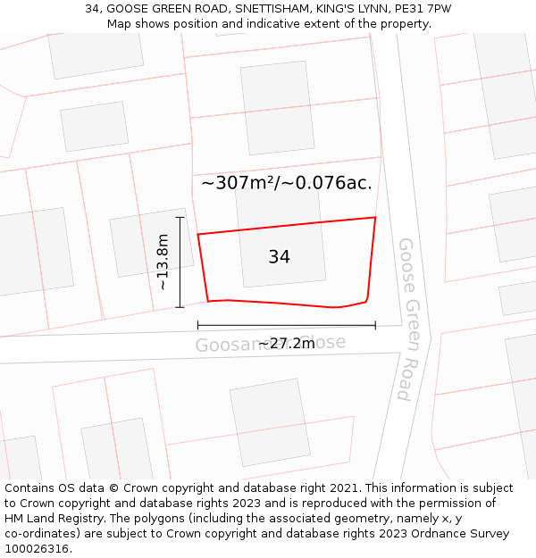 34, GOOSE GREEN ROAD, SNETTISHAM, KING'S LYNN, PE31 7PW: Plot and title map