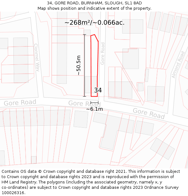 34, GORE ROAD, BURNHAM, SLOUGH, SL1 8AD: Plot and title map