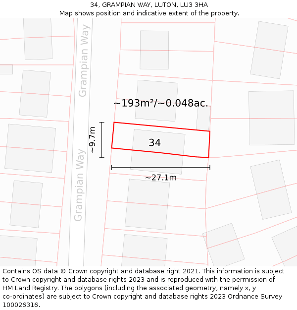 34, GRAMPIAN WAY, LUTON, LU3 3HA: Plot and title map