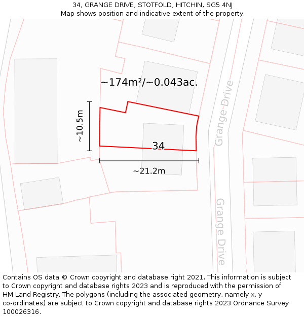 34, GRANGE DRIVE, STOTFOLD, HITCHIN, SG5 4NJ: Plot and title map