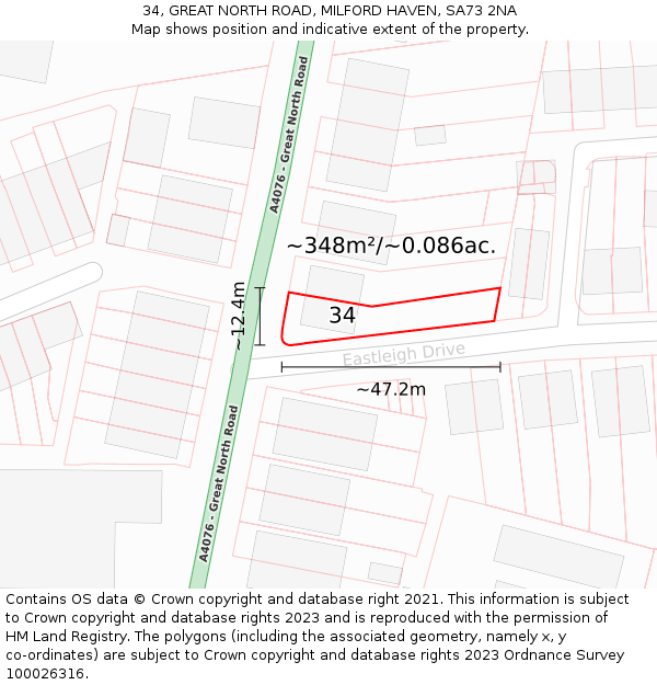 34, GREAT NORTH ROAD, MILFORD HAVEN, SA73 2NA: Plot and title map