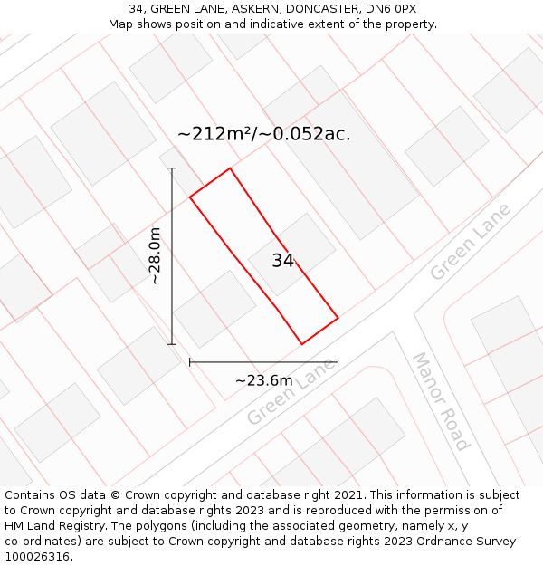 34, GREEN LANE, ASKERN, DONCASTER, DN6 0PX: Plot and title map