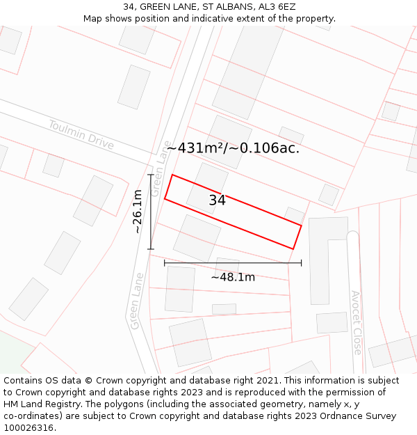 34, GREEN LANE, ST ALBANS, AL3 6EZ: Plot and title map