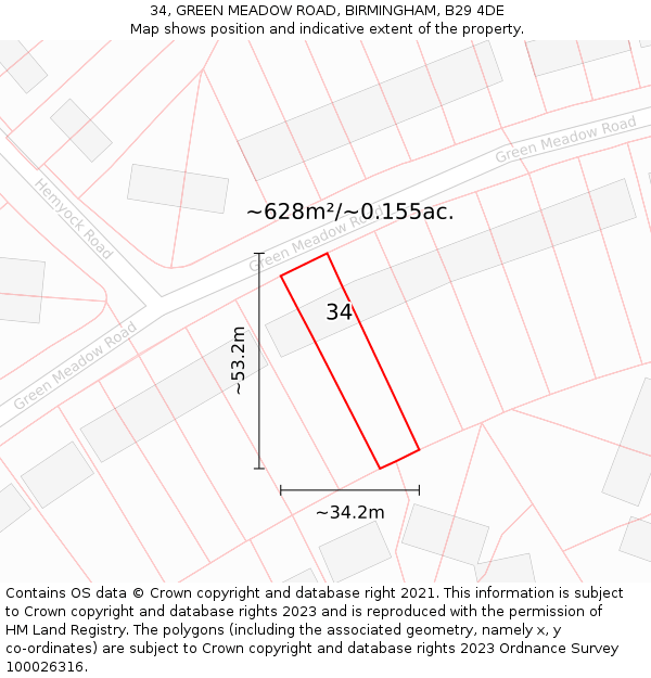 34, GREEN MEADOW ROAD, BIRMINGHAM, B29 4DE: Plot and title map