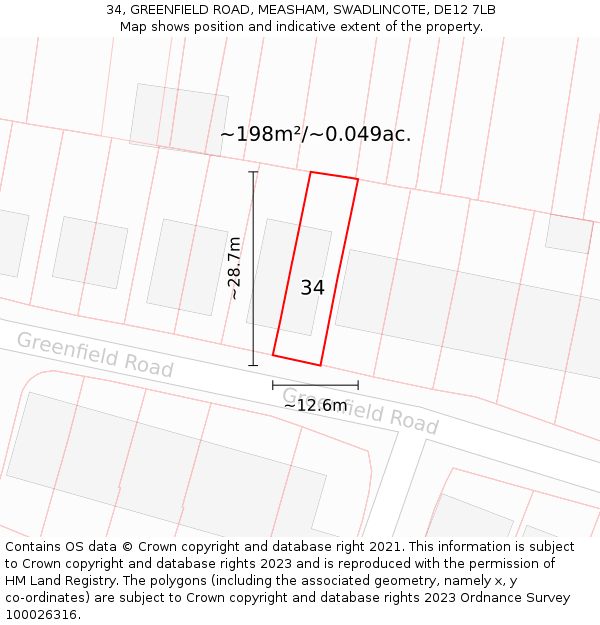 34, GREENFIELD ROAD, MEASHAM, SWADLINCOTE, DE12 7LB: Plot and title map