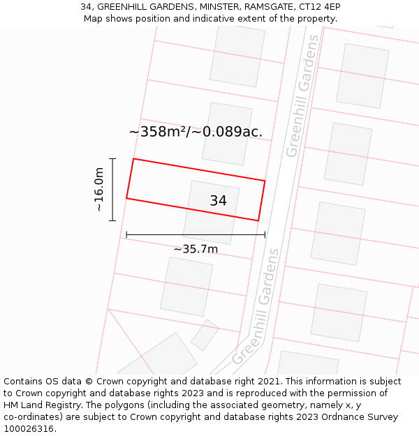 34, GREENHILL GARDENS, MINSTER, RAMSGATE, CT12 4EP: Plot and title map