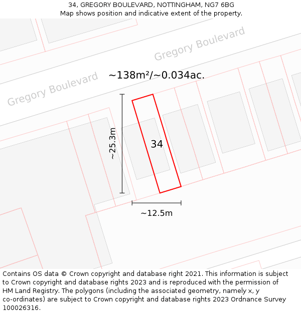 34, GREGORY BOULEVARD, NOTTINGHAM, NG7 6BG: Plot and title map