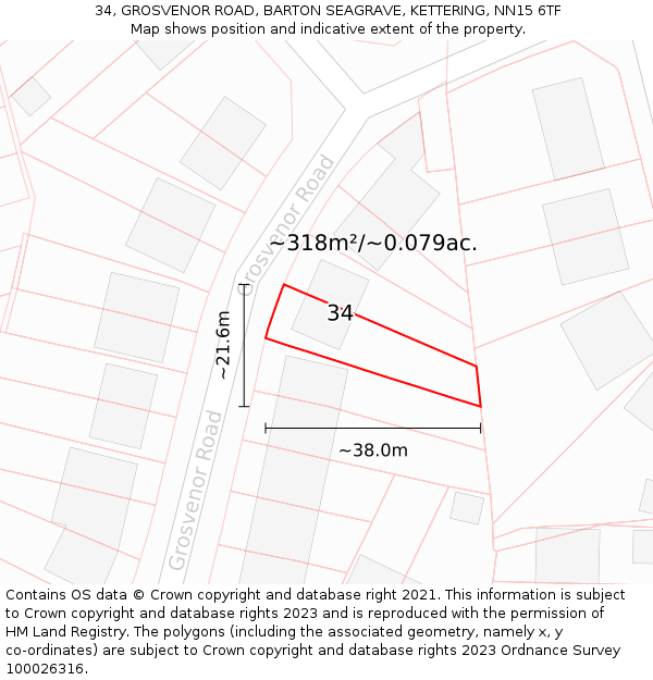 34, GROSVENOR ROAD, BARTON SEAGRAVE, KETTERING, NN15 6TF: Plot and title map