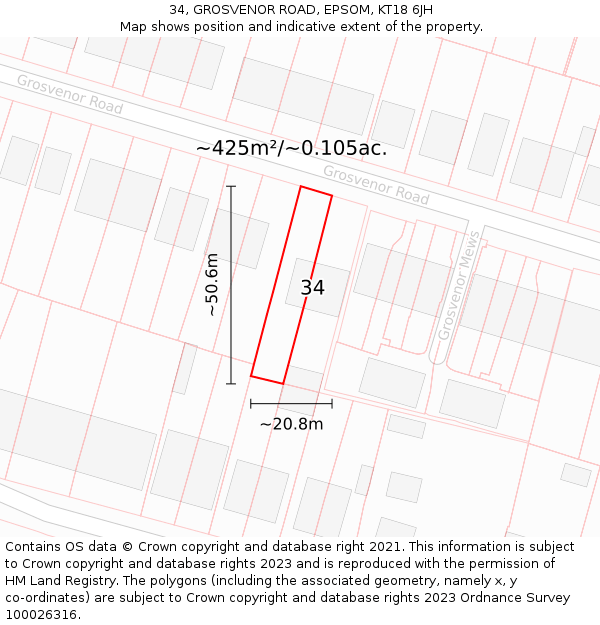 34, GROSVENOR ROAD, EPSOM, KT18 6JH: Plot and title map