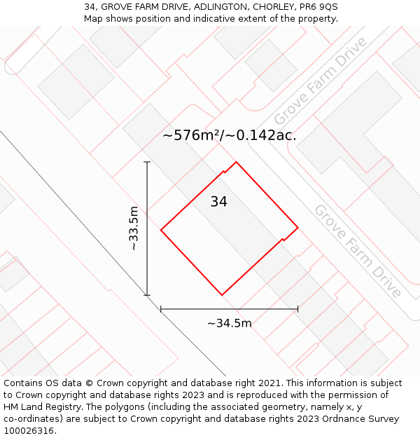 34, GROVE FARM DRIVE, ADLINGTON, CHORLEY, PR6 9QS: Plot and title map