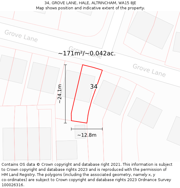 34, GROVE LANE, HALE, ALTRINCHAM, WA15 8JE: Plot and title map