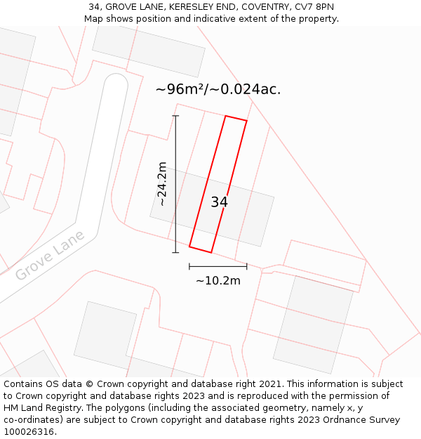 34, GROVE LANE, KERESLEY END, COVENTRY, CV7 8PN: Plot and title map