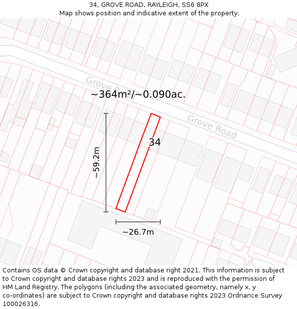 34, GROVE ROAD, RAYLEIGH, SS6 8PX: Plot and title map