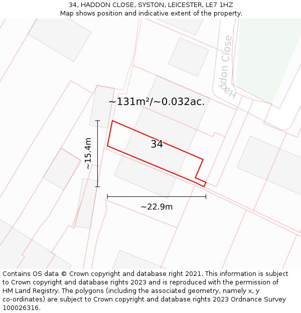 34, HADDON CLOSE, SYSTON, LEICESTER, LE7 1HZ: Plot and title map