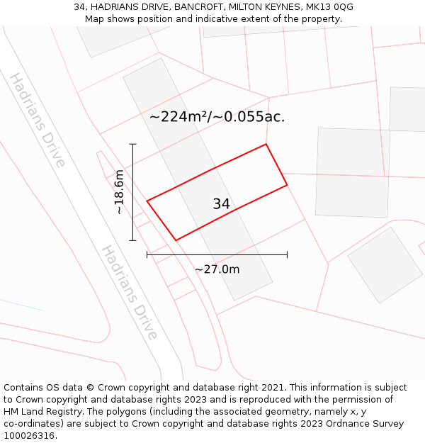 34, HADRIANS DRIVE, BANCROFT, MILTON KEYNES, MK13 0QG: Plot and title map