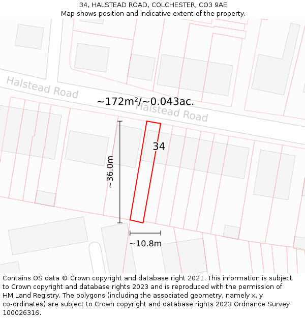 34, HALSTEAD ROAD, COLCHESTER, CO3 9AE: Plot and title map